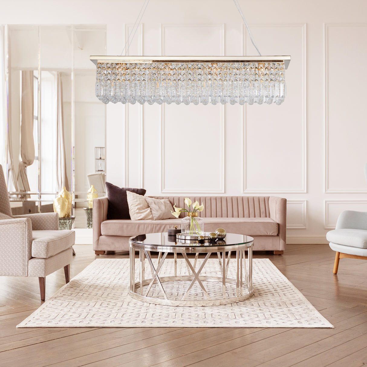 Modern Crystal Chandelier for Dining Room 8-Light Gold Rectangle Raindrop Chandelier L39.4'' x W9.8'' x H8.7'(Bulb Not Included) - V.I.P Digital Presence