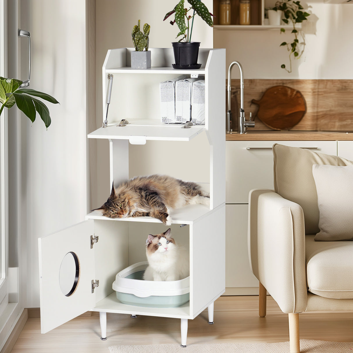 White wooden hidden cat trash can with rack and trash can shell, indoor cat house pet box, storage cabinet - V.I.P Digital Presence
