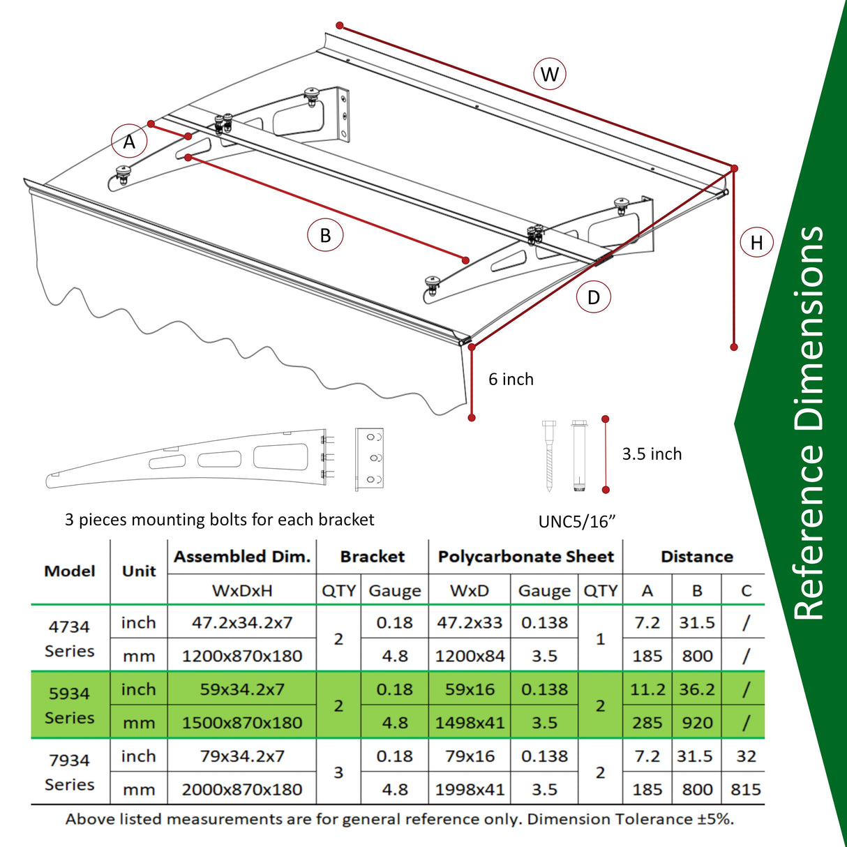 DA5934W Series Door Window Awning Canopy Made of 0.137 Inch Thick Crystal Solid Polycarbonate Sheet in size of 59" Wide x 34" - V.I.P Digital Presence