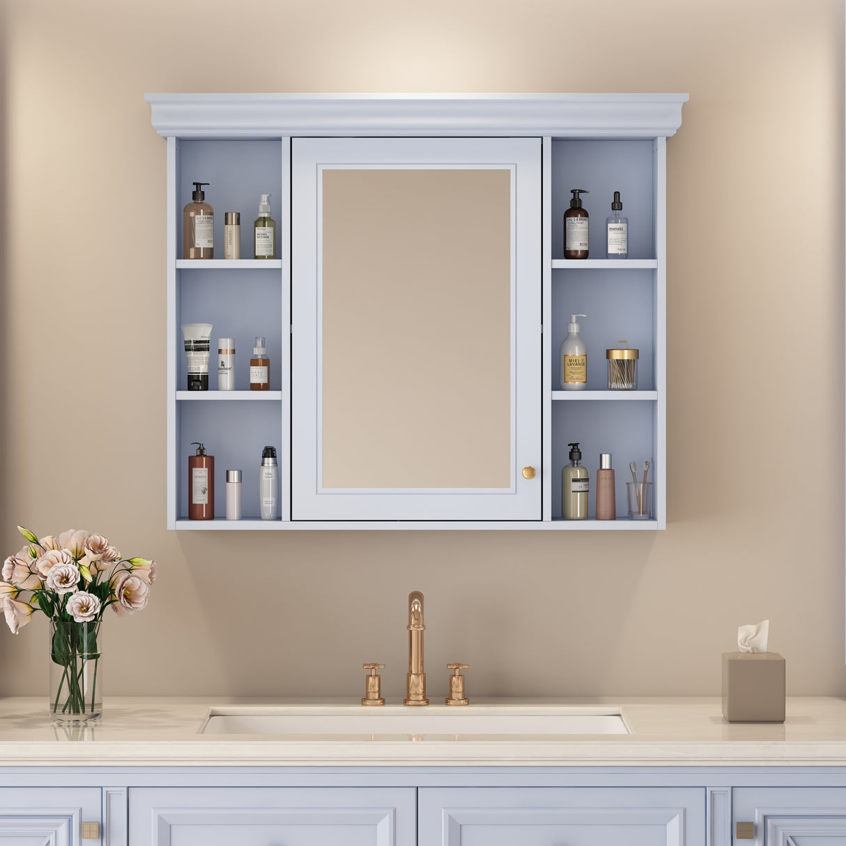 35'' x 28'' Blue Wall Mounted Bathroom Storage Cabinet with Mirror Door, Modern Bathroom Wall Cabinet with Mirror - V.I.P Digital Presence