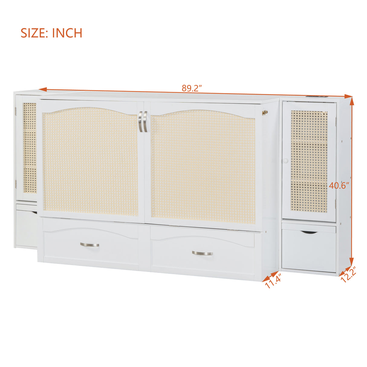 Large Murphy bed wall mounted bed with drawers, 2 storage cabinets, 1 set of sockets and USB ports, white - V.I.P Digital Presence