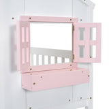 Twin over Twin House Bunk Bed with Roof , Window, Window Box, Door , with Safety Guardrails and Ladder, Pink/White - V.I.P Digital Presence