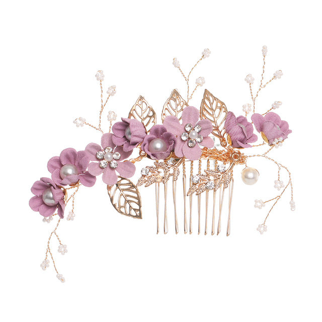Luxury Blue Flower Hair Combs Headdress Prom Bridal Wedding Hair Accessories Gold Leaves Hair Jewelry Hair Pins - V.I.P Digital Presence