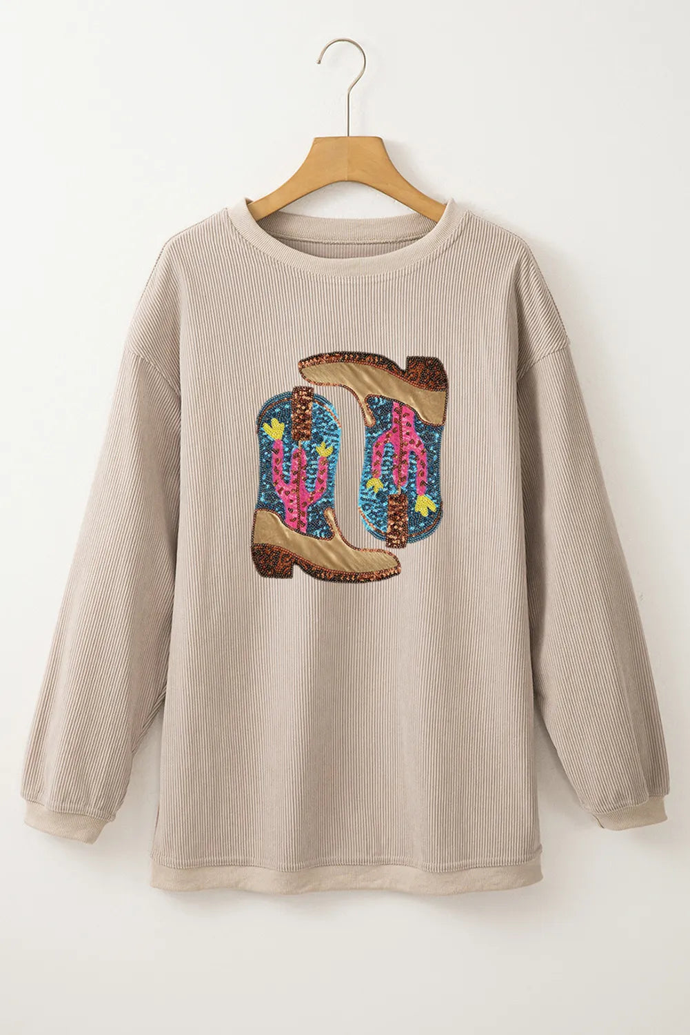 Full Size Sequin Boots Round Neck Long Sleeve Sweatshirt - V.I.P Digital Presence
