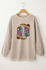 Full Size Sequin Boots Round Neck Long Sleeve Sweatshirt - V.I.P Digital Presence