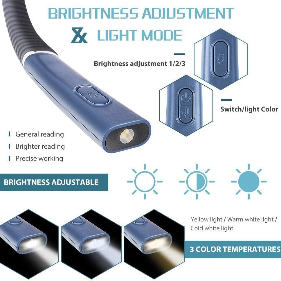 Night reading LED lighting book light USB charging tri color folding double head neck hanging reading light - V.I.P Digital Presence