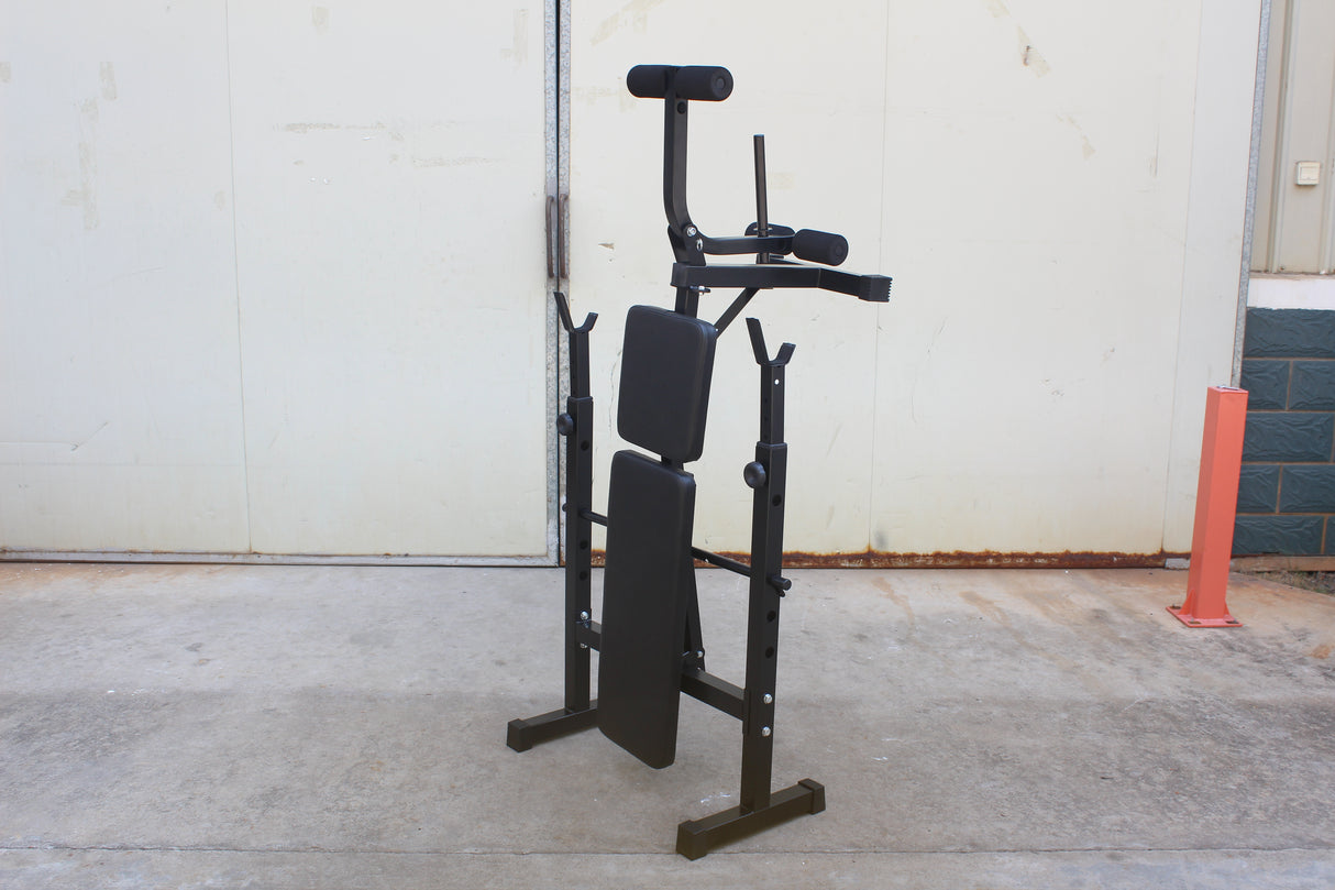 Banco de pesas olímpico con set de press de banca con soporte para sentadillas y banco para entrenamiento de cuerpo completo en el gimnasio en casa