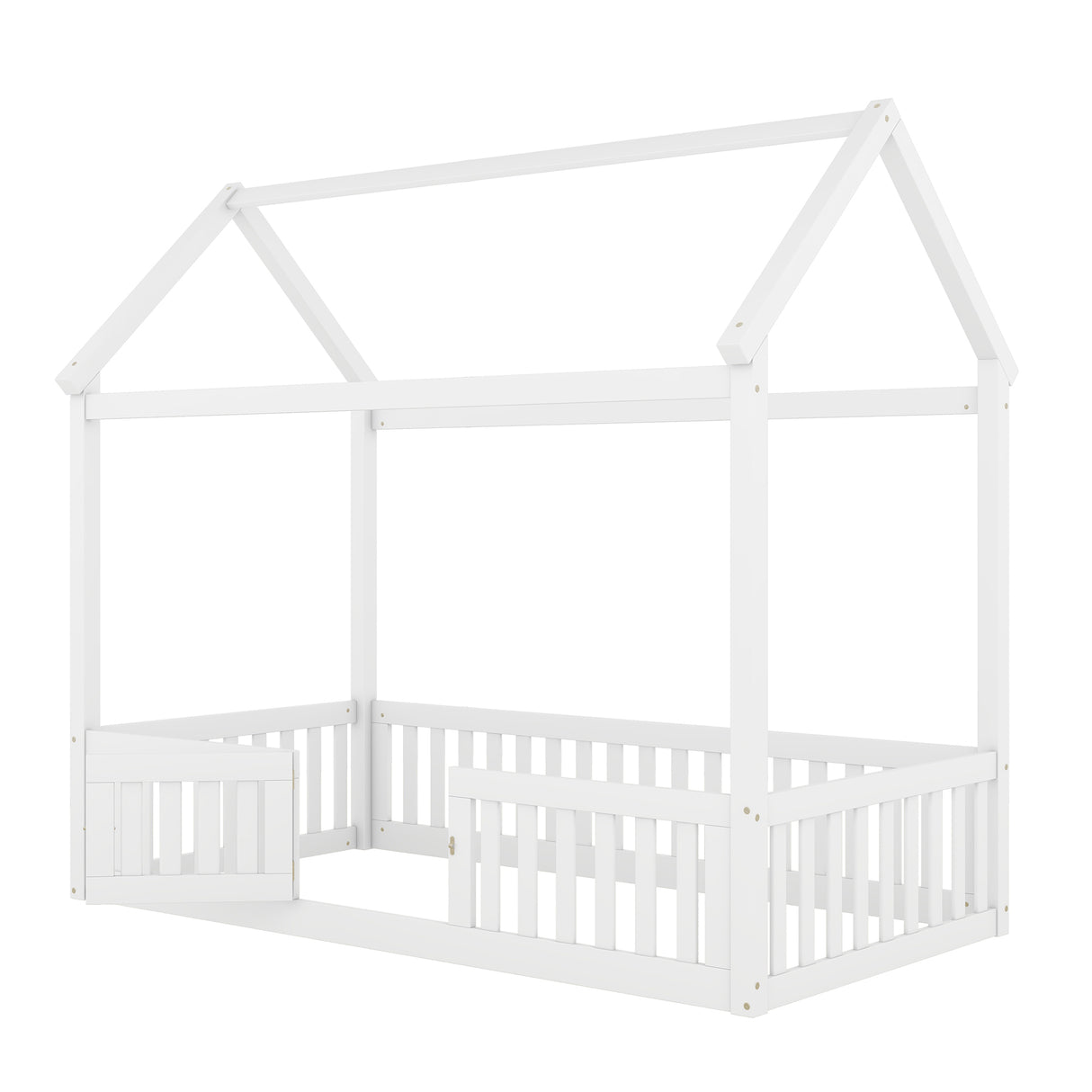 Twin Size Wood House Bed with Fence and Door, White - V.I.P Digital Presence