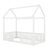 Twin Size Wood House Bed with Fence and Door, White - V.I.P Digital Presence