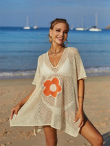 Openwork Flower V-Neck Short Sleeve Cover Up - V.I.P Digital Presence