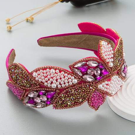 Headband Fashion Ball Rhinestone Pearl Leaf-Shaped Baroque Headband Exaggerated Wide-Brimmed Hair Accessories - V.I.P Digital Presence