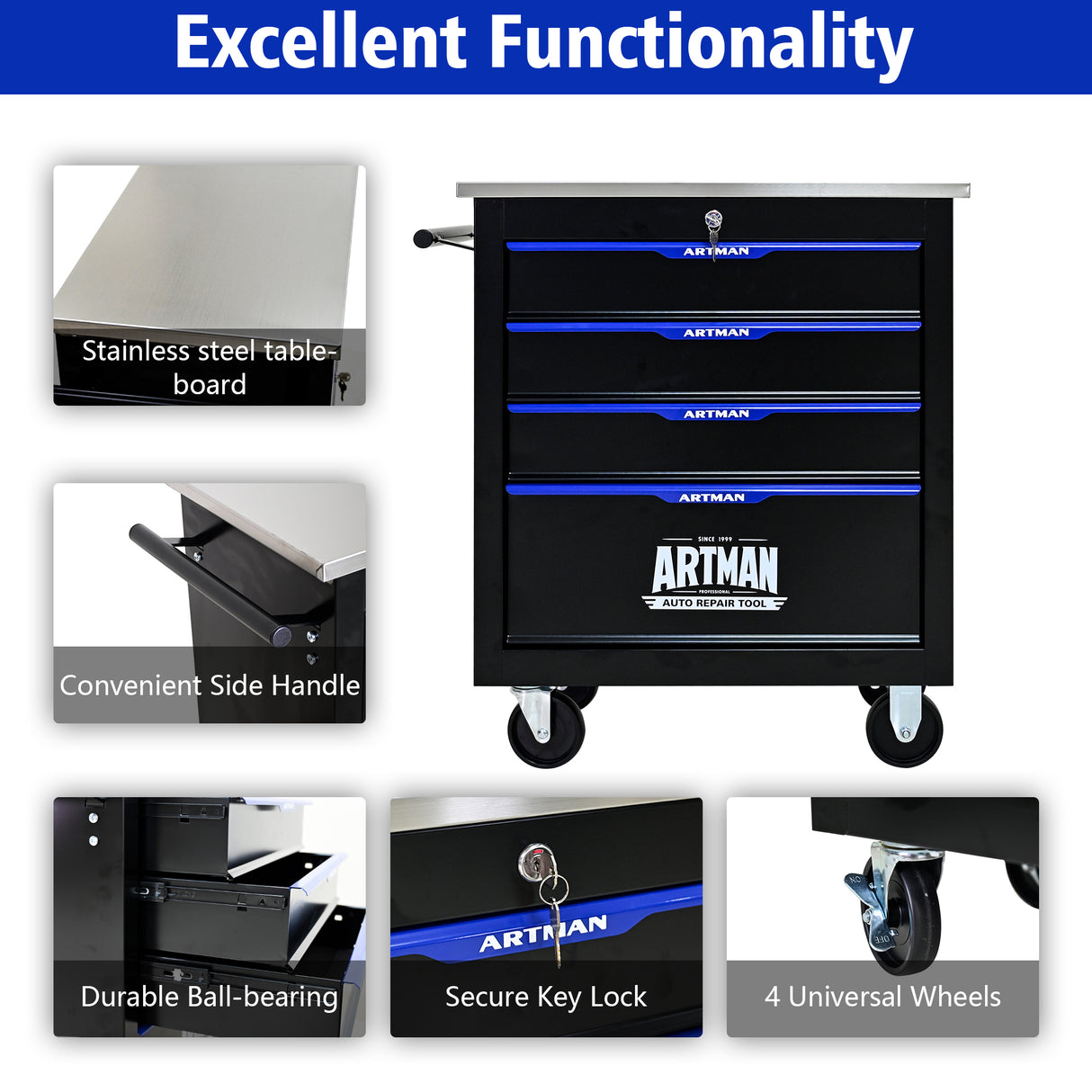 4 DRAWERS MULTIFUNCTIONAL TOOL CART WITH WHEELS-BLACK - V.I.P Digital Presence