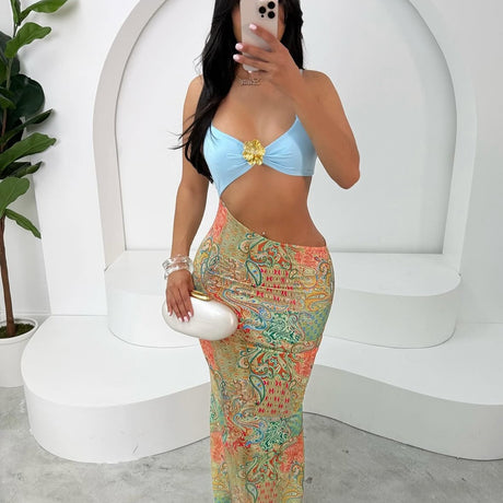 Women's Sexy Strapless Backless Halter Fitted Slant Hip Long Dress - V.I.P Digital Presence