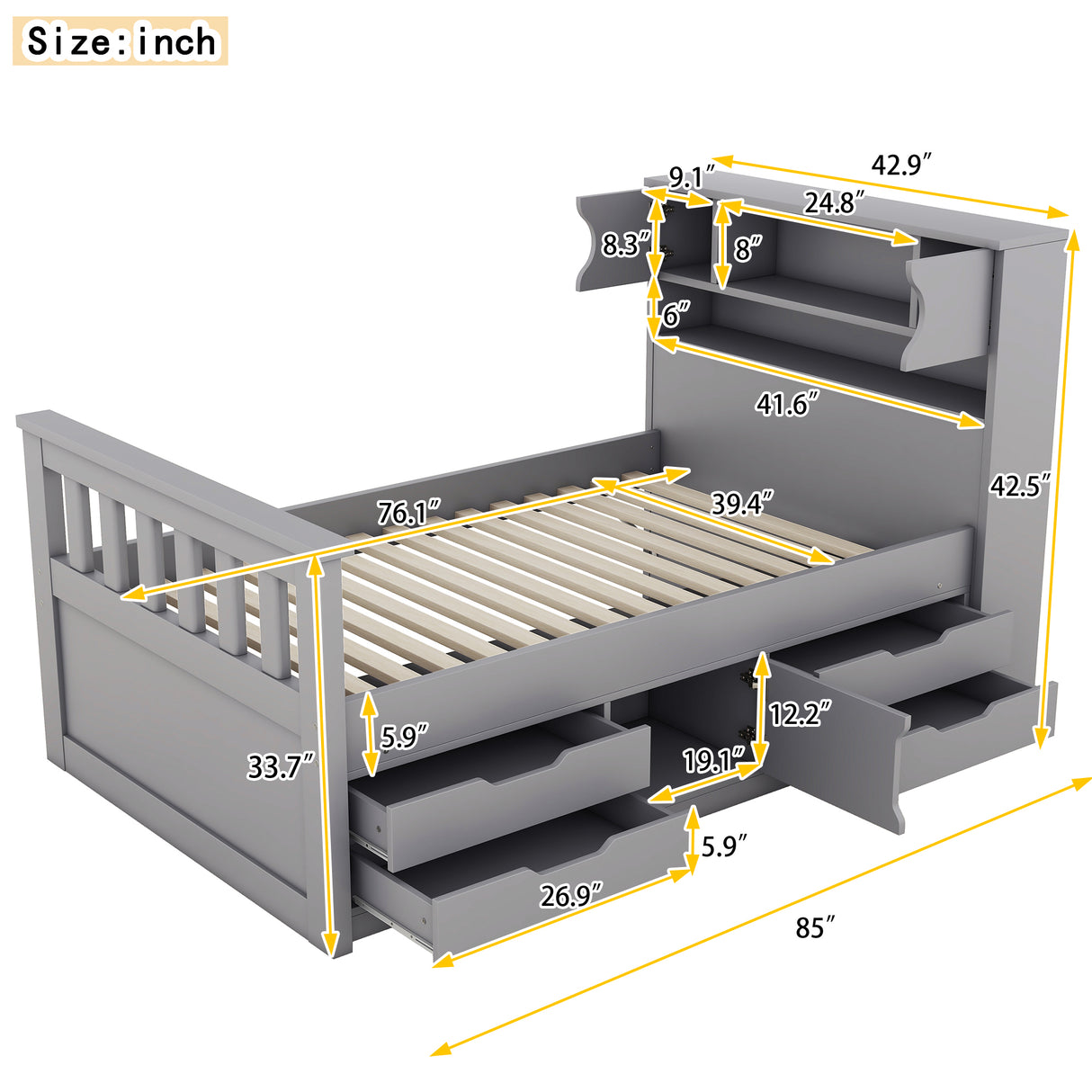Twin Size Captain Platform Bed Frame with Storage Bookcases and Shelves,Four Drawers, Gray - V.I.P Digital Presence