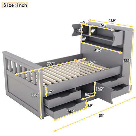 Twin Size Captain Platform Bed Frame with Storage Bookcases and Shelves,Four Drawers, Gray - V.I.P Digital Presence