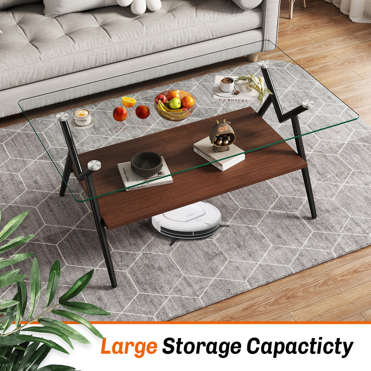Rectangle Coffee Table with Tempered Glass top and Black Metal Legs, Modern Table for Living Room , Transparent Glass - V.I.P Digital Presence