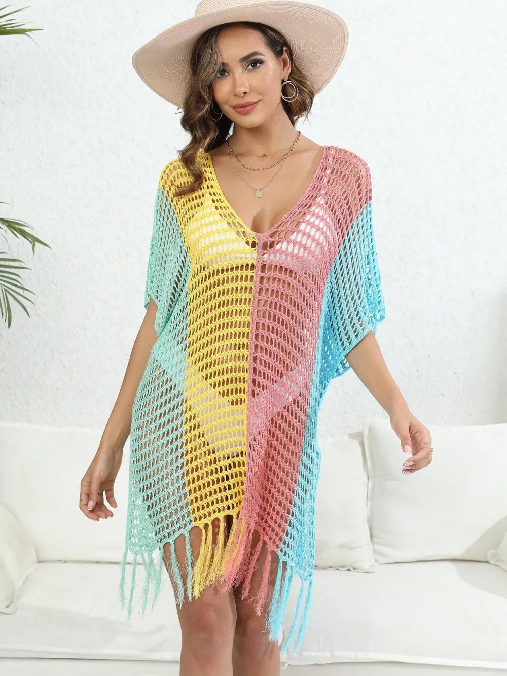 Fringe Color Block Scoop Neck Cover Up - V.I.P Digital Presence