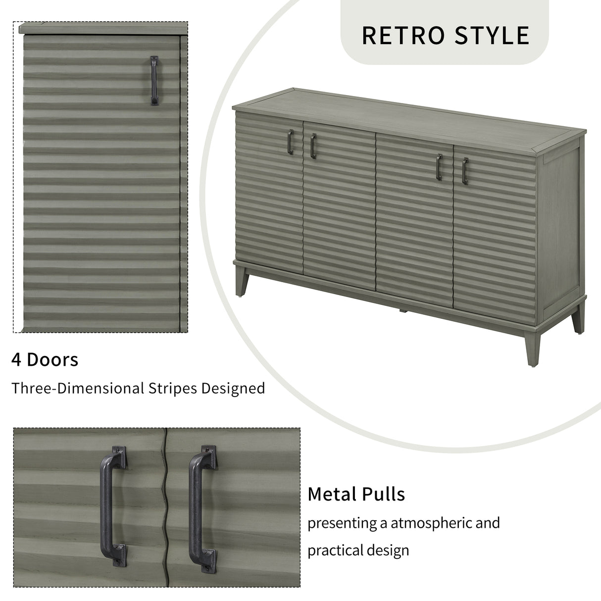 TREXM side panel with 4-door large storage buffet, adjustable shelves and metal handles (antique gray) - V.I.P Digital Presence