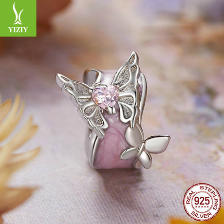 Silver Charm Pink Butterfly DIY Silicone Positioning Bracelet with Separated Beads Romantic Spring Day s925 Pure Silver Beads Loose Beads - V.I.P Digital Presence