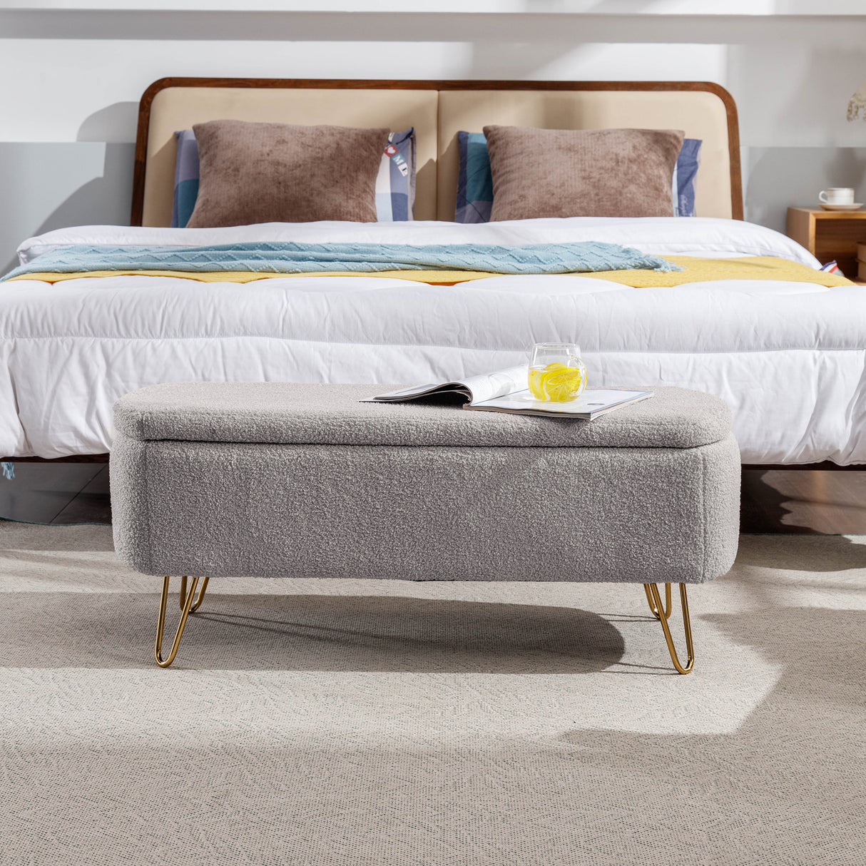 Grey Storage Ottoman Bench for End of Bed Gold Legs Modern Grey Faux Fur Entryway Bench - V.I.P Digital Presence