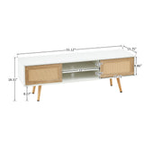 55.12" Rattan TV cabinet double sliding doors for storage adjustable shelf solid wood legs TV console for living room  White - V.I.P Digital Presence
