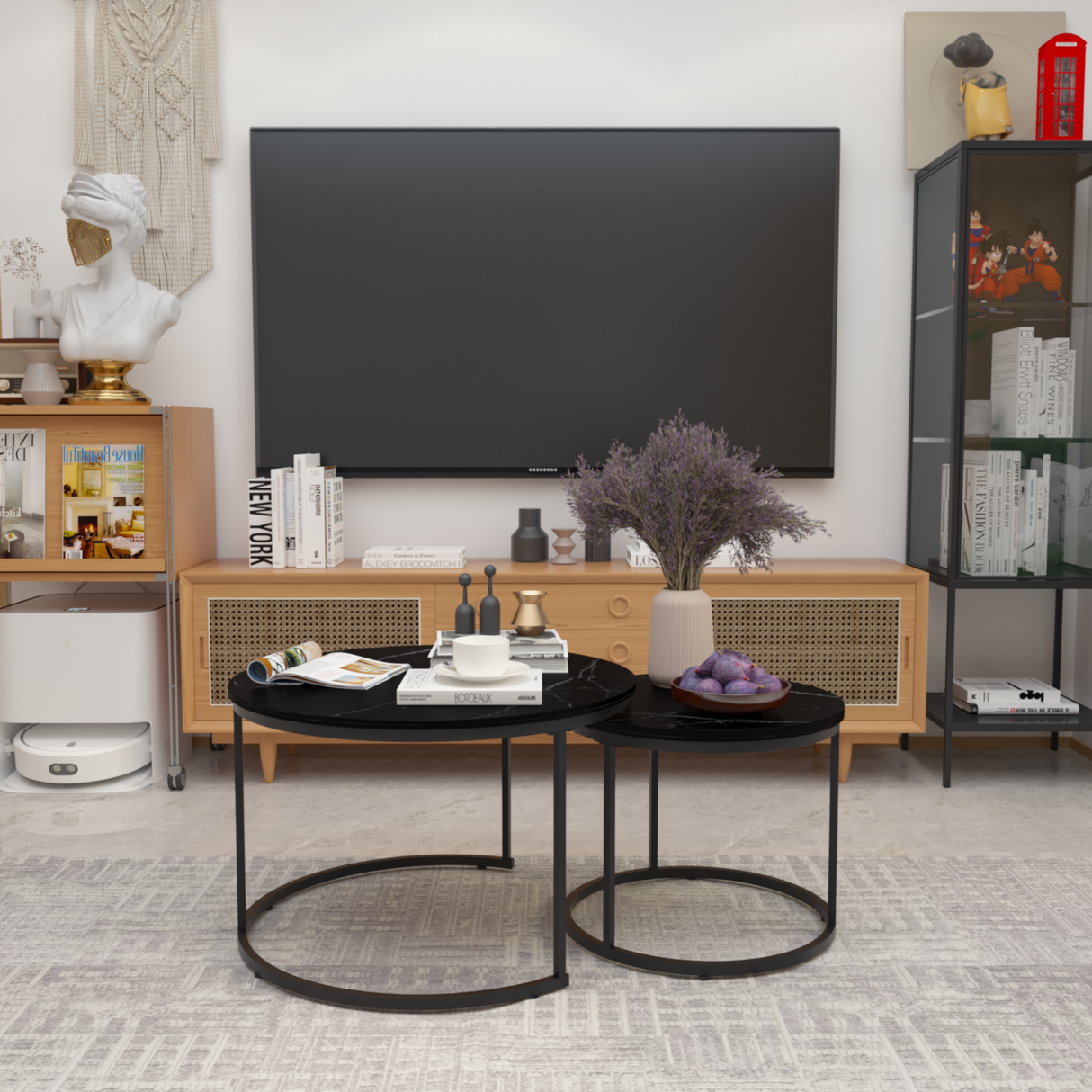 A set of nested coffee tables, 27.6-inch round coffee table, wooden marble patterned tabletop, sturdy metal frame (black) - V.I.P Digital Presence