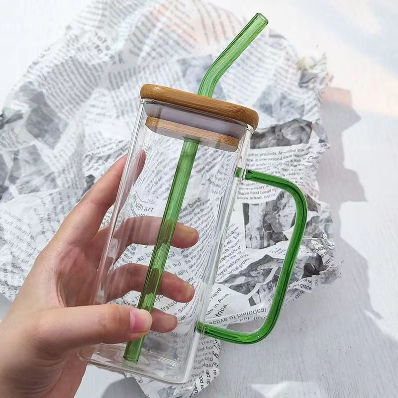 Square colored handle cup glass straw cup with lid milk tea cup with large capacity - V.I.P Digital Presence