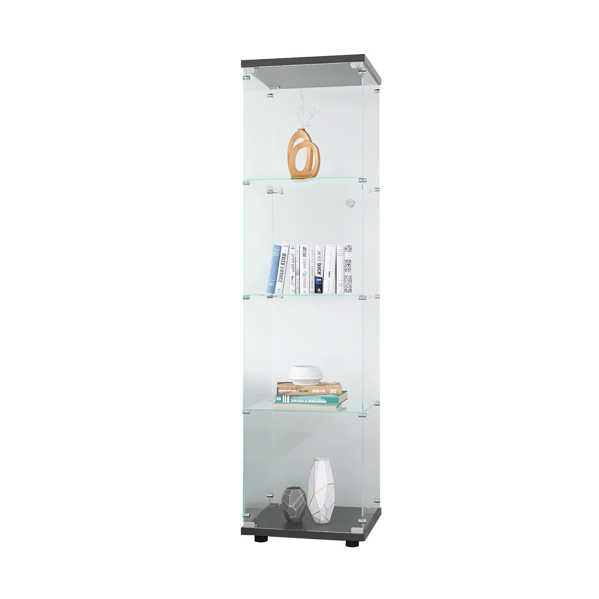 4 glass display cabinets with door shelves, floor standing antique bookshelf, 64.7 "* 16.7" * 14.3 ", black - V.I.P Digital Presence