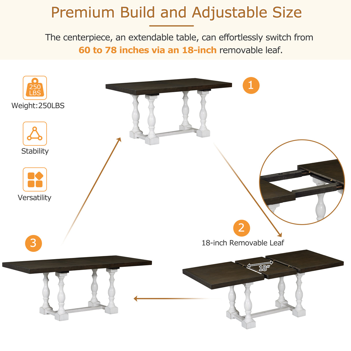Traditional 6-Piece 78inch Trestle Extendable Dining Table Set with One 18inch Removable Leaf Distressed White - V.I.P Digital Presence