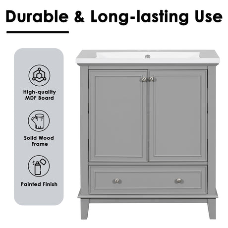30inchgrey Bathroom Vanity with Sink ComboMulti-functional Bathroom Cabinet with Doors and Drawer Solid Frame and MDF Board - V.I.P Digital Presence