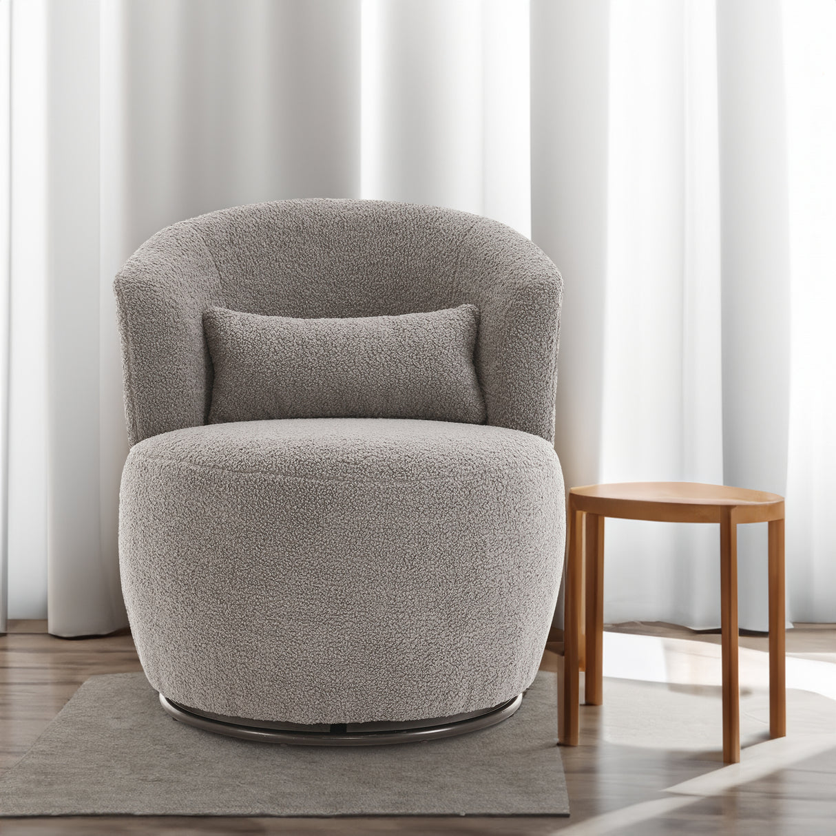 Grey Plush Swivel Accent Chair - Contemporary Round Armchair with 360° Rotation and Metal Base for Living Room Elegance - V.I.P Digital Presence