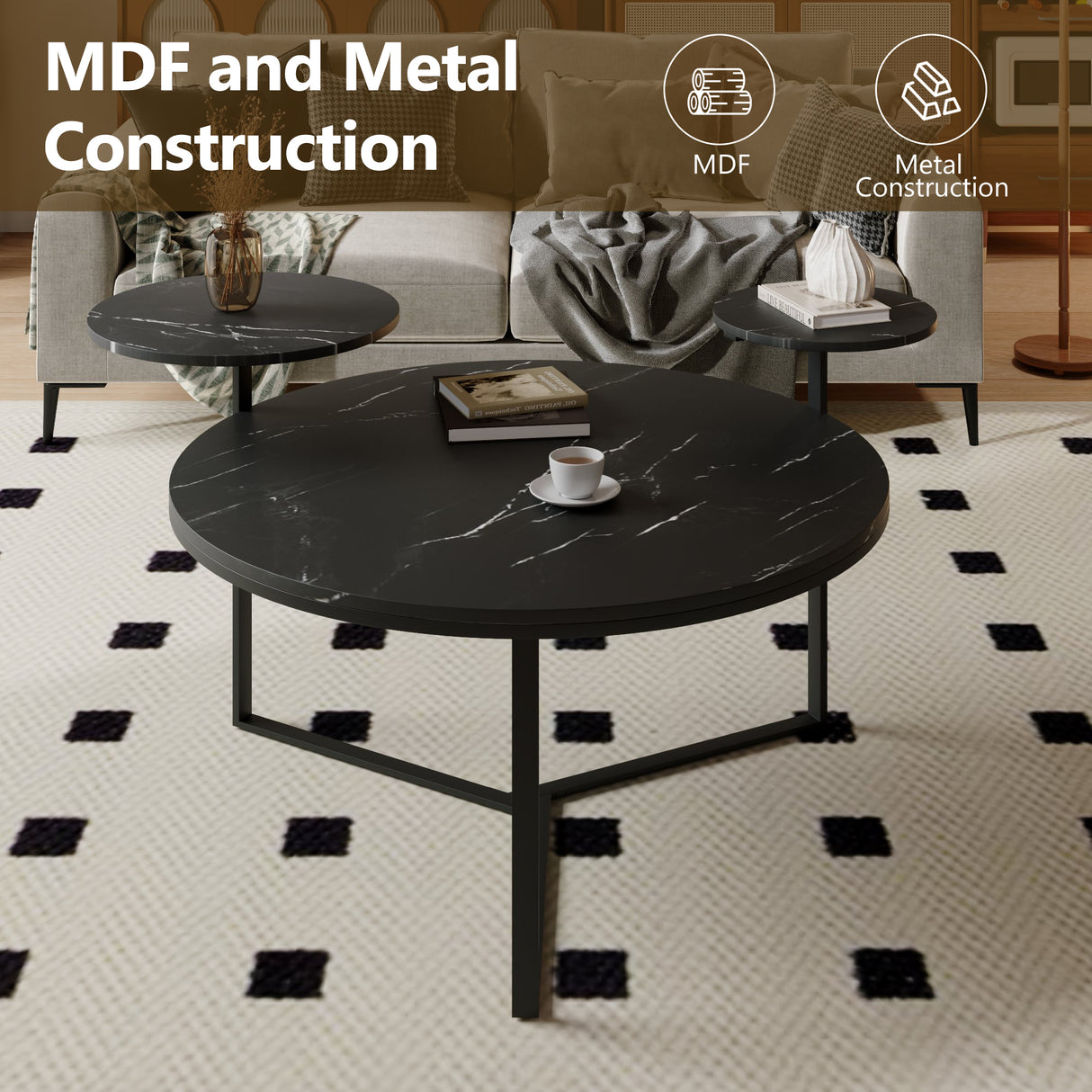 Modern coffee table with two display shelves, Black Faux marble surfaces, Tripod-inspired base,Rounded tabletop edges - V.I.P Digital Presence