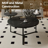 Modern coffee table with two display shelves, Black Faux marble surfaces, Tripod-inspired base,Rounded tabletop edges - V.I.P Digital Presence