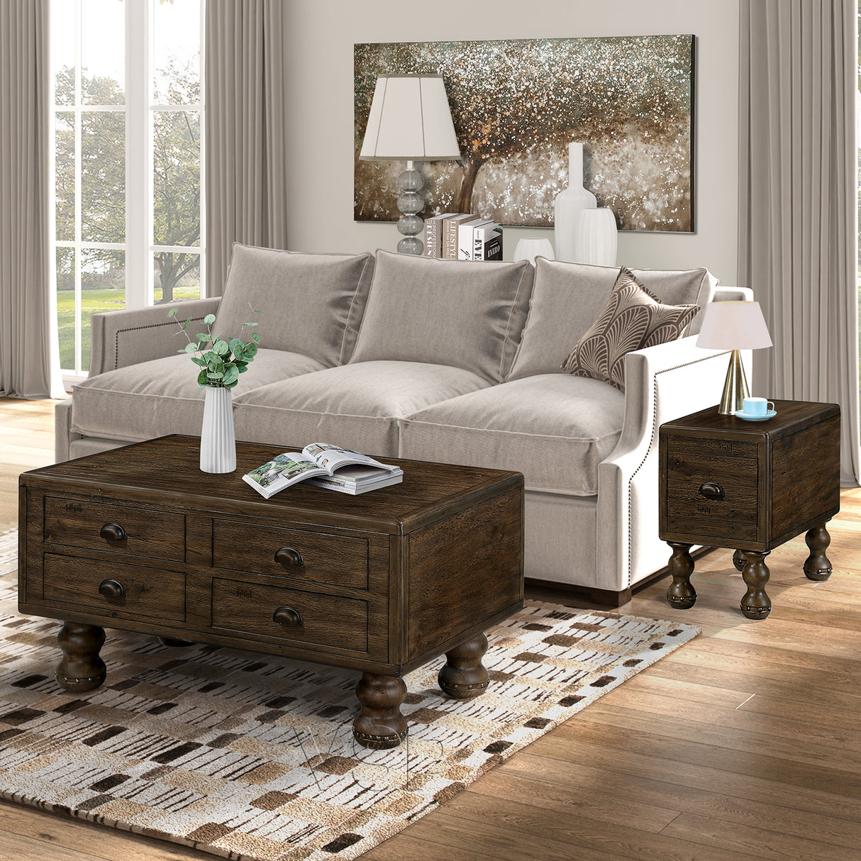 Solid wood end table, rectangular 23.6 inch narrow edge table with drawers, vintage bedside table, Espresso - V.I.P Digital Presence