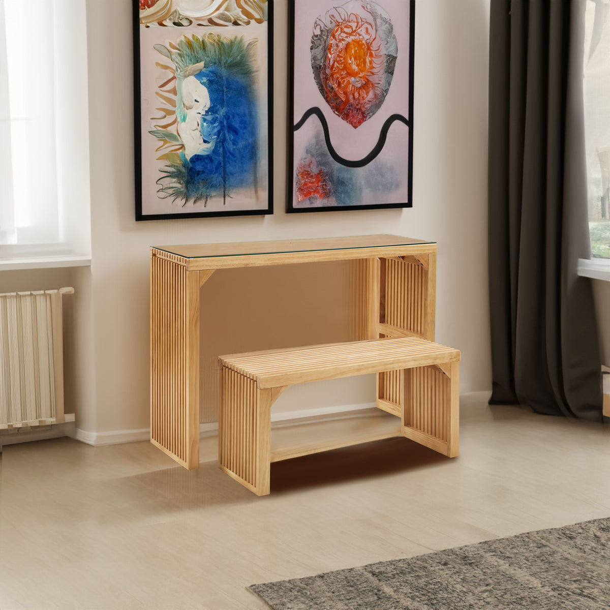 Dining Bench and Table, Pine Indoor Wood Bench for Entryway,Living Room,Kitchen and Bedroom Table (Nature, Long Bench & Table) - V.I.P Digital Presence