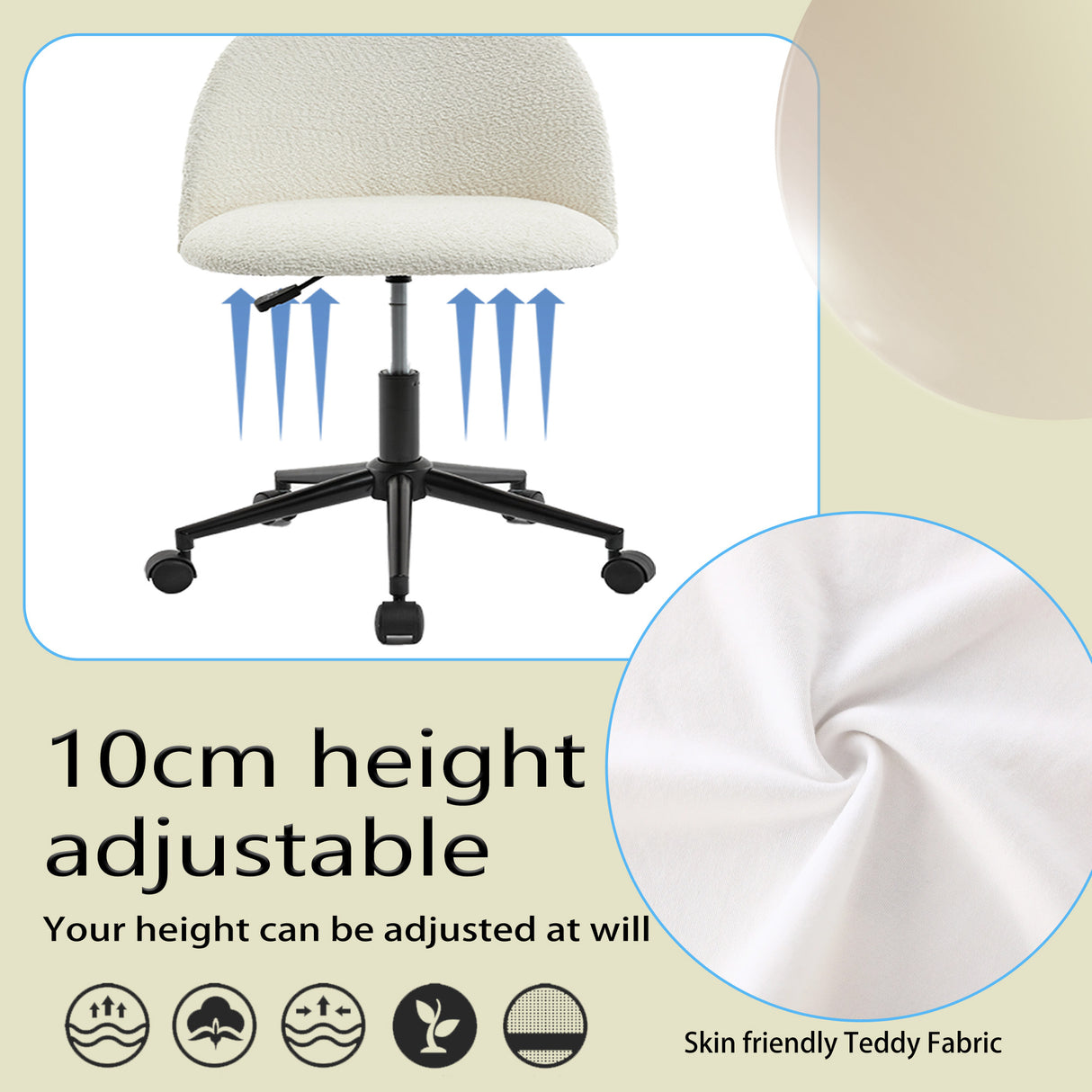 Velvet fabric office chair, mid back adjustable rotating computer chair, black legs, cushioned office chair with wheels ，White - V.I.P Digital Presence