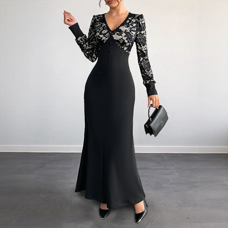 Sexy Retro Lace Splicing Long Sleeve V-neck Dress for Evening and Date - V.I.P Digital Presence