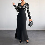 Sexy Retro Lace Splicing Long Sleeve V-neck Dress for Evening and Date - V.I.P Digital Presence