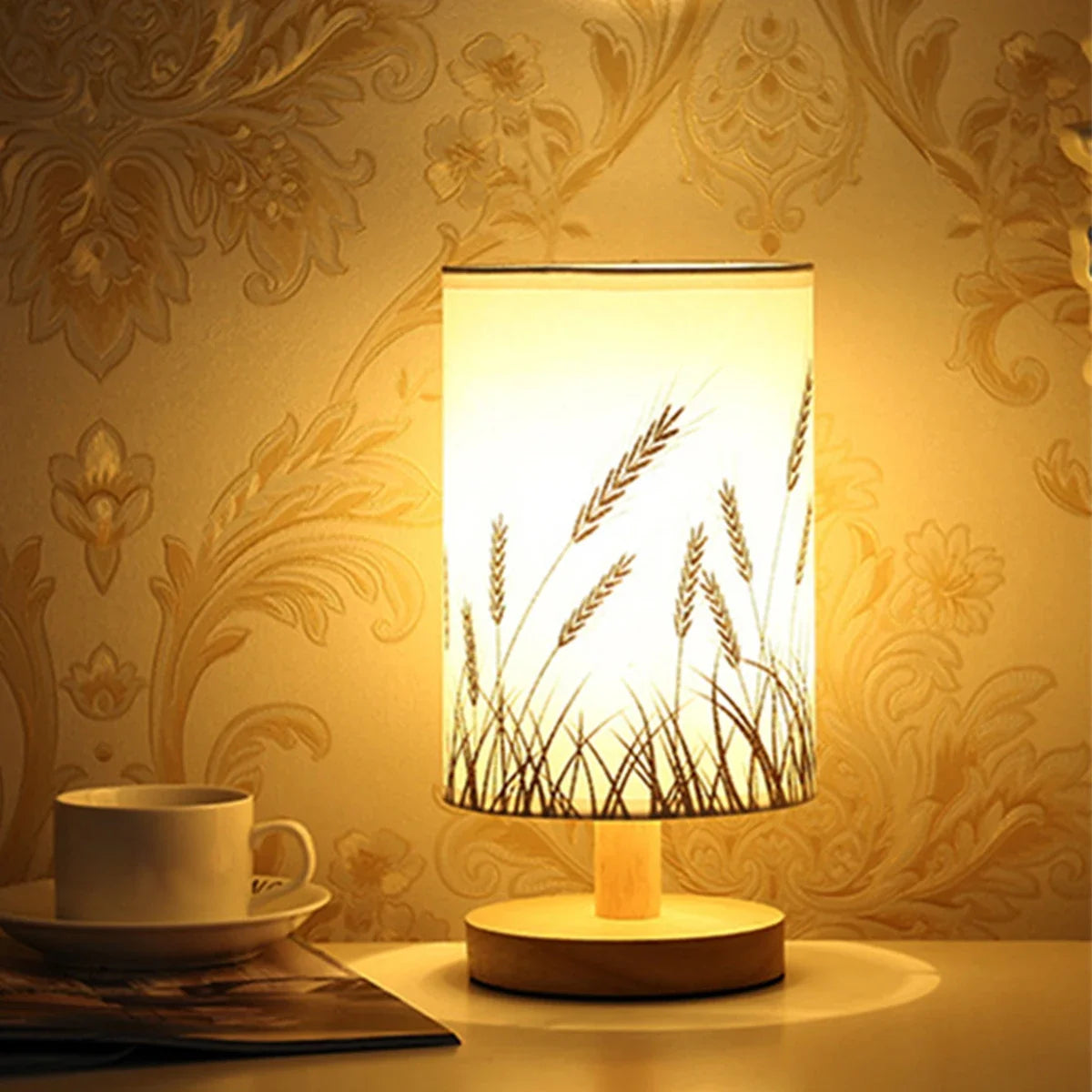 Linen Table Lamp LED Linen Night Lamp w/Warm White Light Linen Nightstand Lamp USB Powered Wooden Beside Lamp - V.I.P Digital Presence