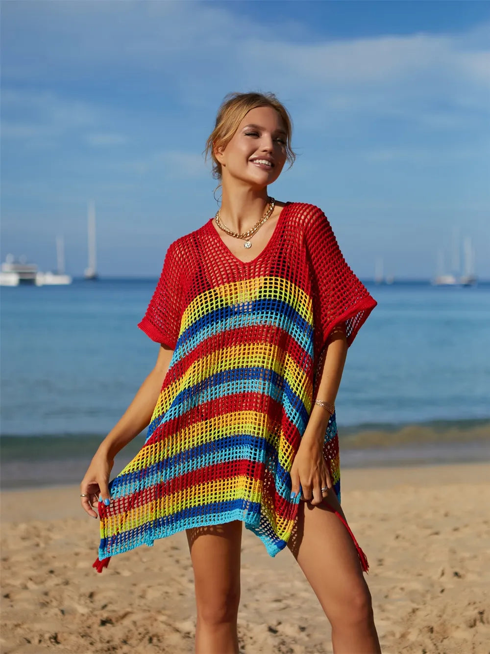 Cutout Striped Cover-Up with Tassel - V.I.P Digital Presence
