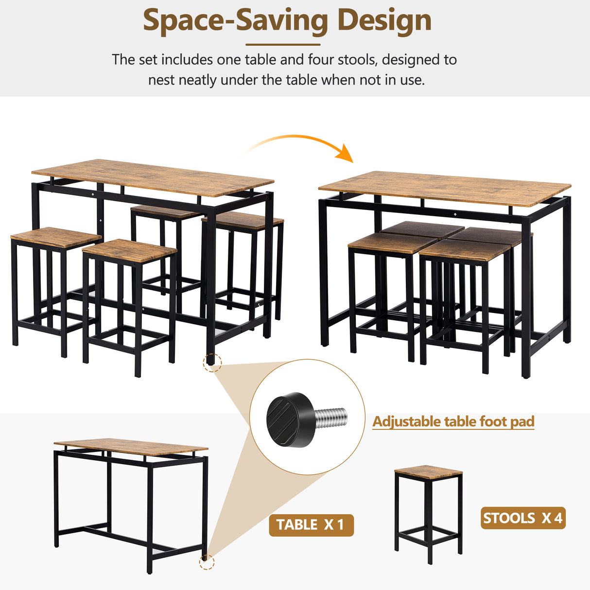 TREXM 5-piece compact bar table with table and stool - modern industrial design brown - V.I.P Digital Presence