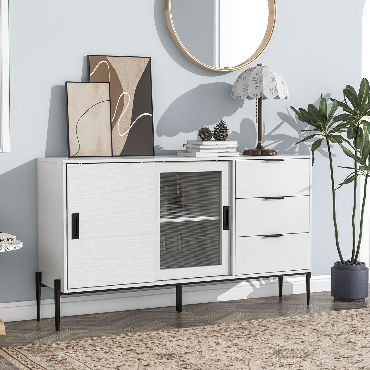 Modern characteristic storage cabinet side panel with glass sliding door and 3 drawers, dining table cabinet in white color - V.I.P Digital Presence