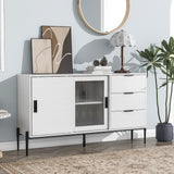 Modern characteristic storage cabinet side panel with glass sliding door and 3 drawers, dining table cabinet in white color - V.I.P Digital Presence