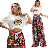 Printed Two-Piece Set Round Neck Short Sleeve Top Loose Comfortable Long Pants Wide Leg Pants Women's Clothing - V.I.P Digital Presence