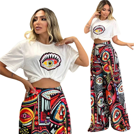 Printed Two-Piece Set Round Neck Short Sleeve Top Loose Comfortable Long Pants Wide Leg Pants Women's Clothing - V.I.P Digital Presence