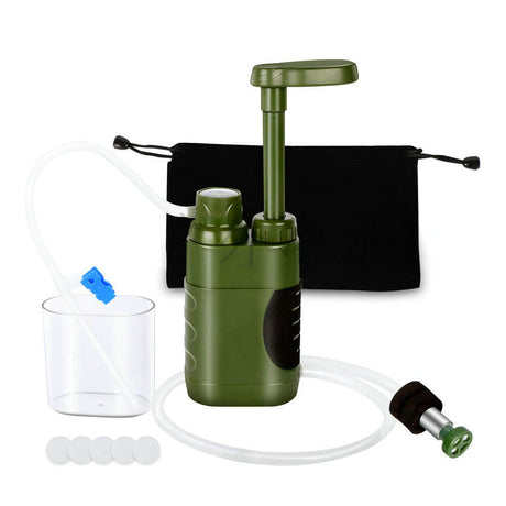 A portable outdoor water filter pump with a 0.01-micron, 3-stage filtration system, suitable for hiking and camping. - V.I.P Digital Presence