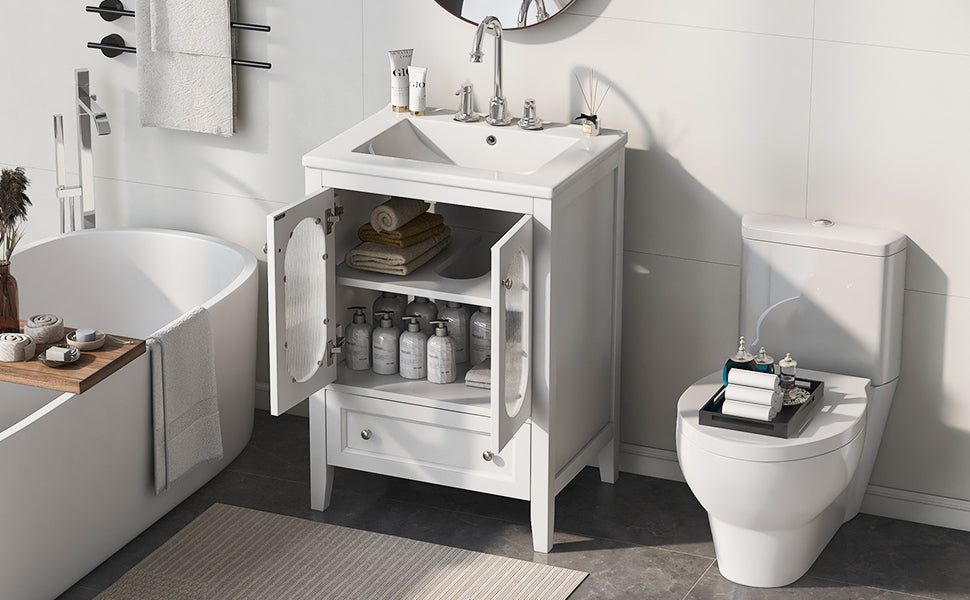 24" Bathroom Vanity with Sink, Bathroom Vanity Cabinet with One Drawer and Doors, Adjustable Shelf, Solid Wood and MDF, White - V.I.P Digital Presence