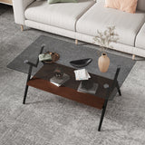 Rectangle Coffee Table with Tempered Glass top and Brown MDF Shelf, Modern Table for Living Room, Gray Glass - V.I.P Digital Presence