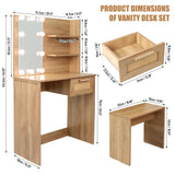 Vanity Desk Set Stool & Dressing Table with LED Lighting Mirror Drawer and Wood Cosmetic Table Chest of Drawers Nature Color - V.I.P Digital Presence