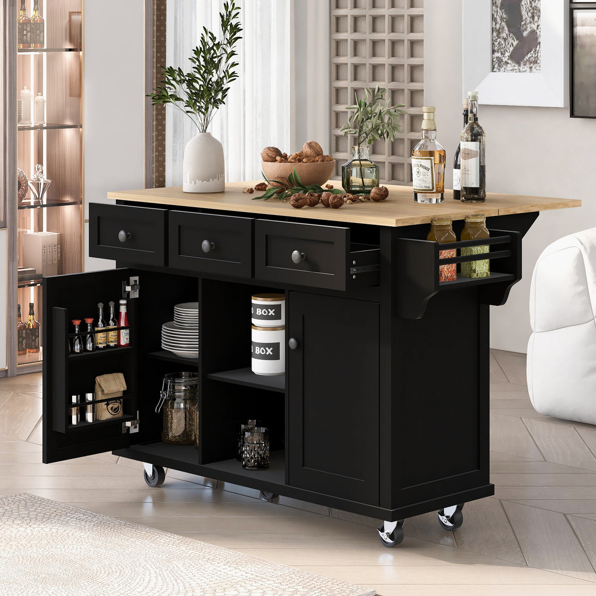 Kitchen trolley with rubber wood leaf countertop, 5-wheel kitchen island, storage cabinet and 3 dining drawers, black - V.I.P Digital Presence